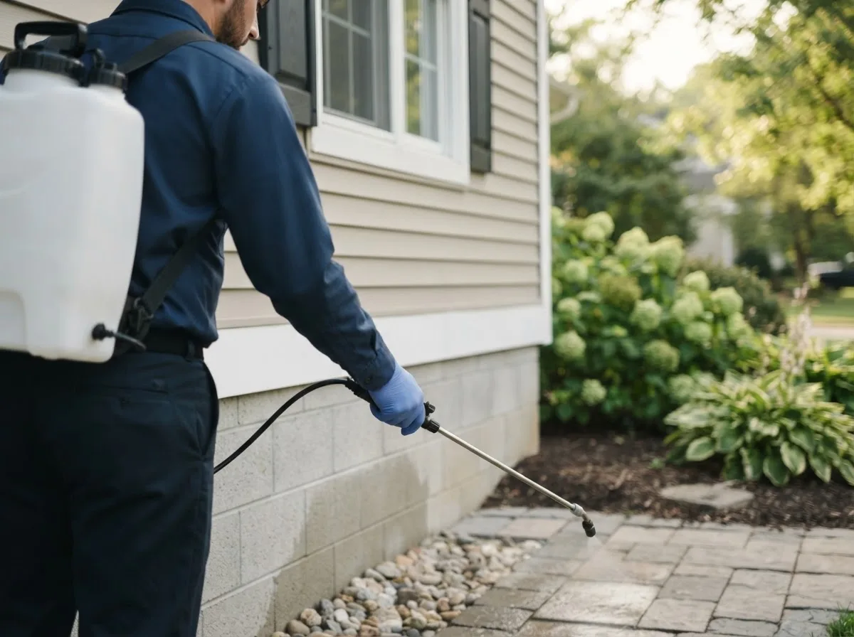 Pest control technician inspecting a home in Hyndman, PA